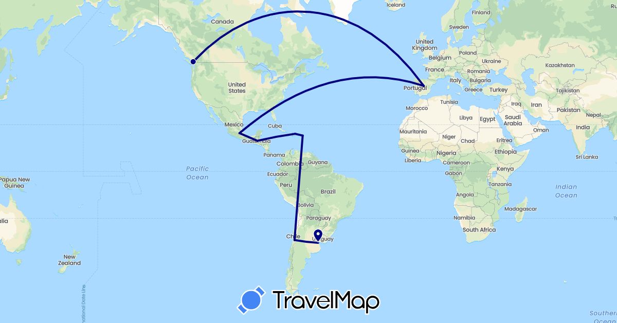 TravelMap itinerary: driving in Argentina, Canada, Chile, Dominican Republic, Spain, Guatemala, Mexico, United States (Europe, North America, South America)